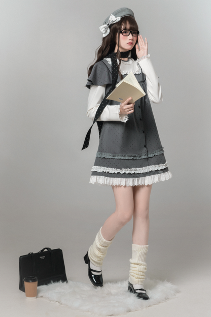 Gray Polka Dot Doll Dress + Beret