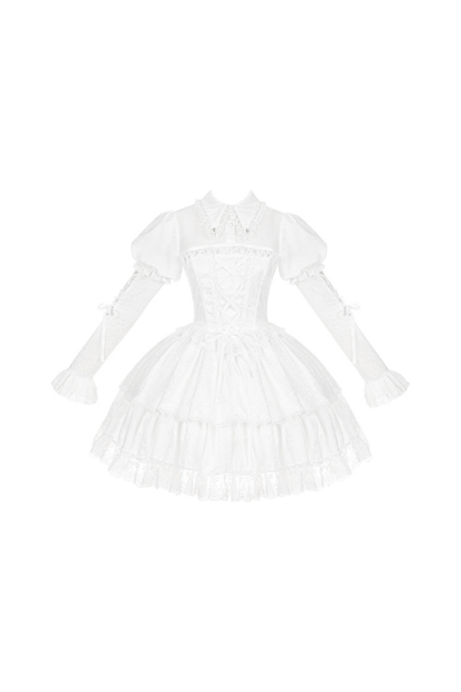 White Gothic Gemini Lolita Dress + Corset + Ribbon + Headband + Veil