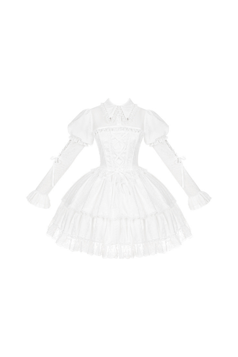 White Gothic Gemini Lolita Dress + Corset + Ribbon + Headband + Veil