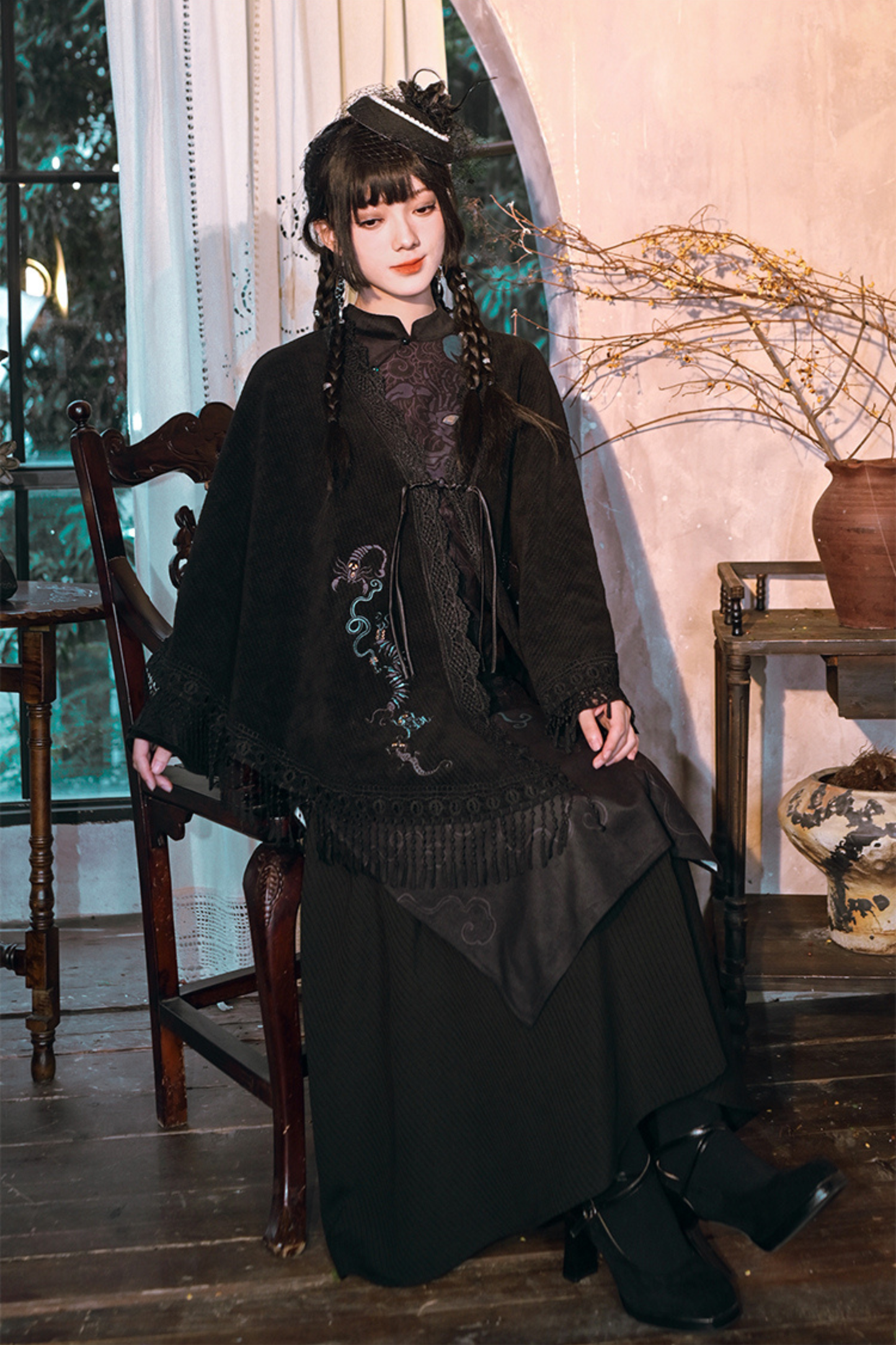 Dark Print Cheongsam Dress + Cape