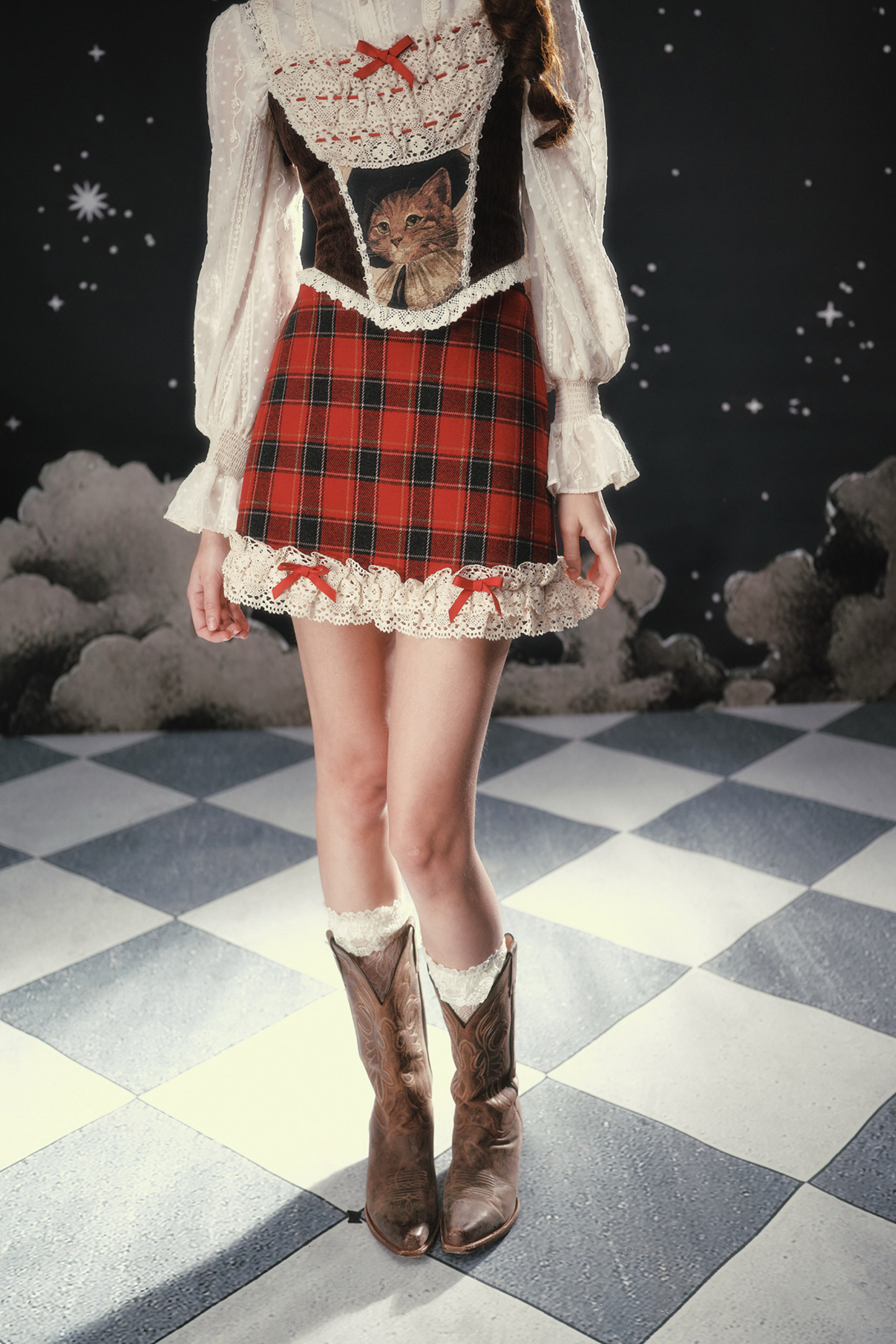 Lace Maid Plaid Corset Top + Crochet Cardigan + Plaid Skirt