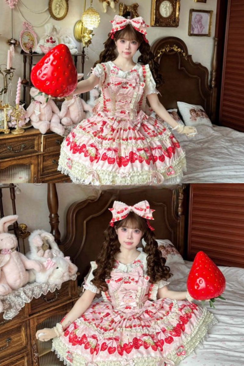Strawberry Lolita Jumper Skirt + Rabbit Hair Scarf + Big Ribbon + Top + Hat + Bonnet