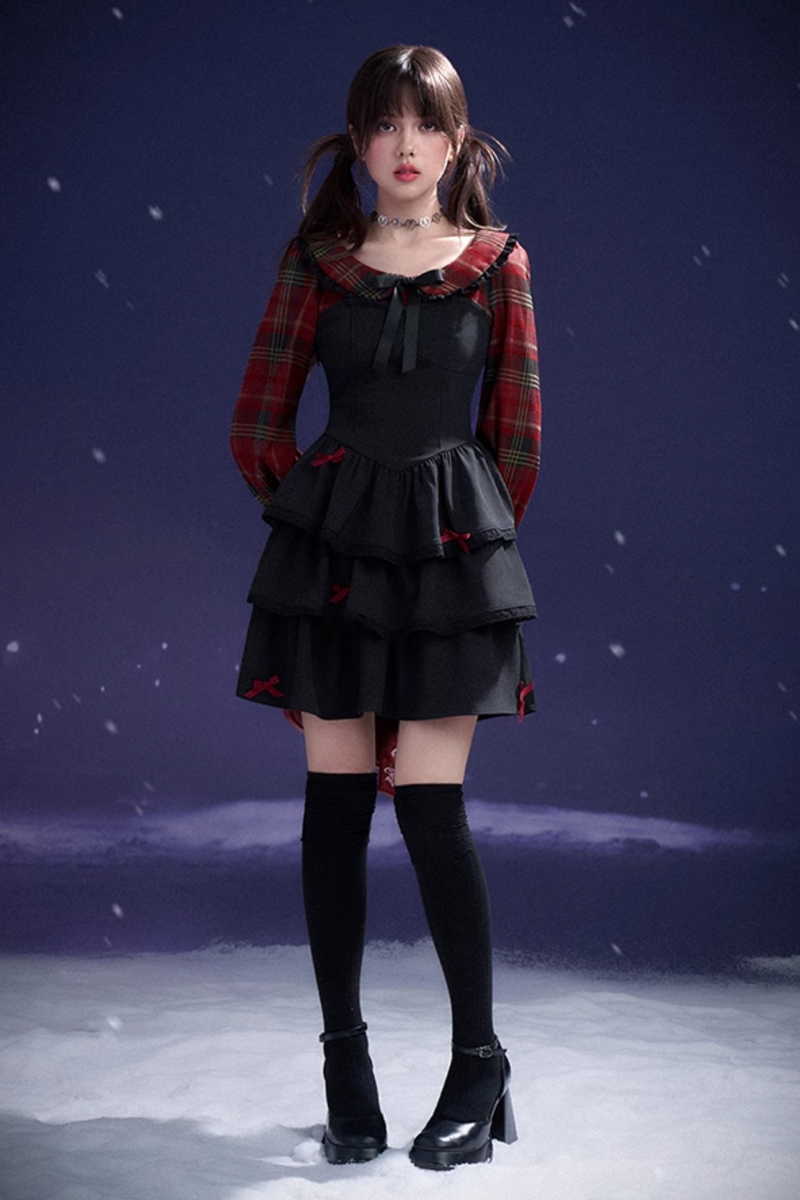 Plaid Faux Two Piece Tiered Dress