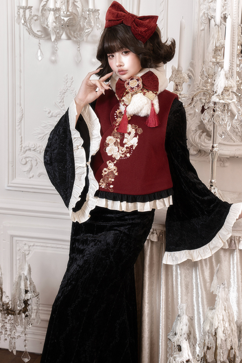 Retro Fish Tail Chinese-style Dress + Vest + Fur Scarf