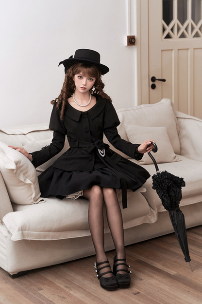 [pre-order] Dark Sweet Lolita Dress + Faux Collar + Necklace + Jacket + Ribbon + Sleeve + Fur Shawl