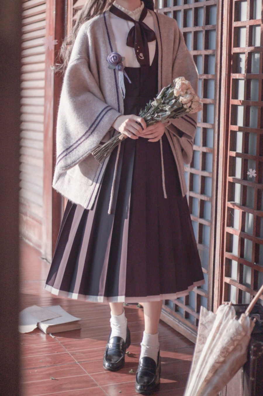 Retro Japanese-style Sleeve Knit Cardigan + Ruffle Stand Collar Shirt + Vest Dress + Ribbon + Corsage