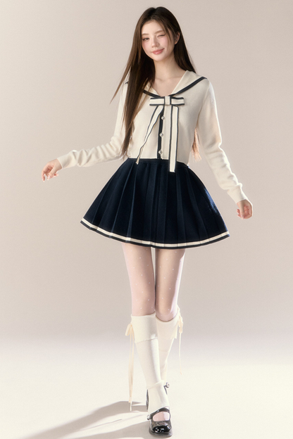 Sailor Ribbon Cardigan + Pleated Skirt