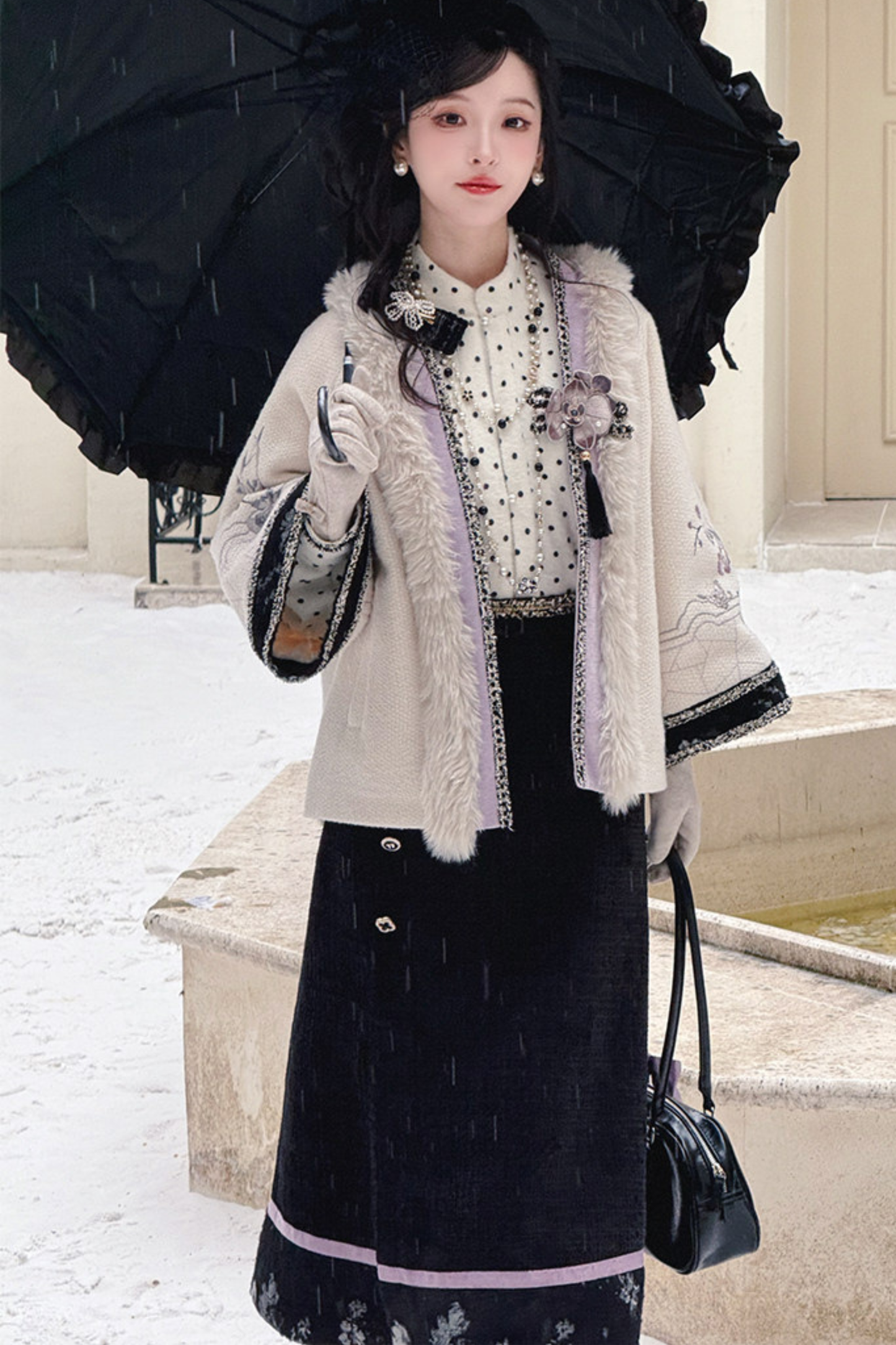 Butterfly Ink Dot Jacket + Top + Long Skirt + Brooch