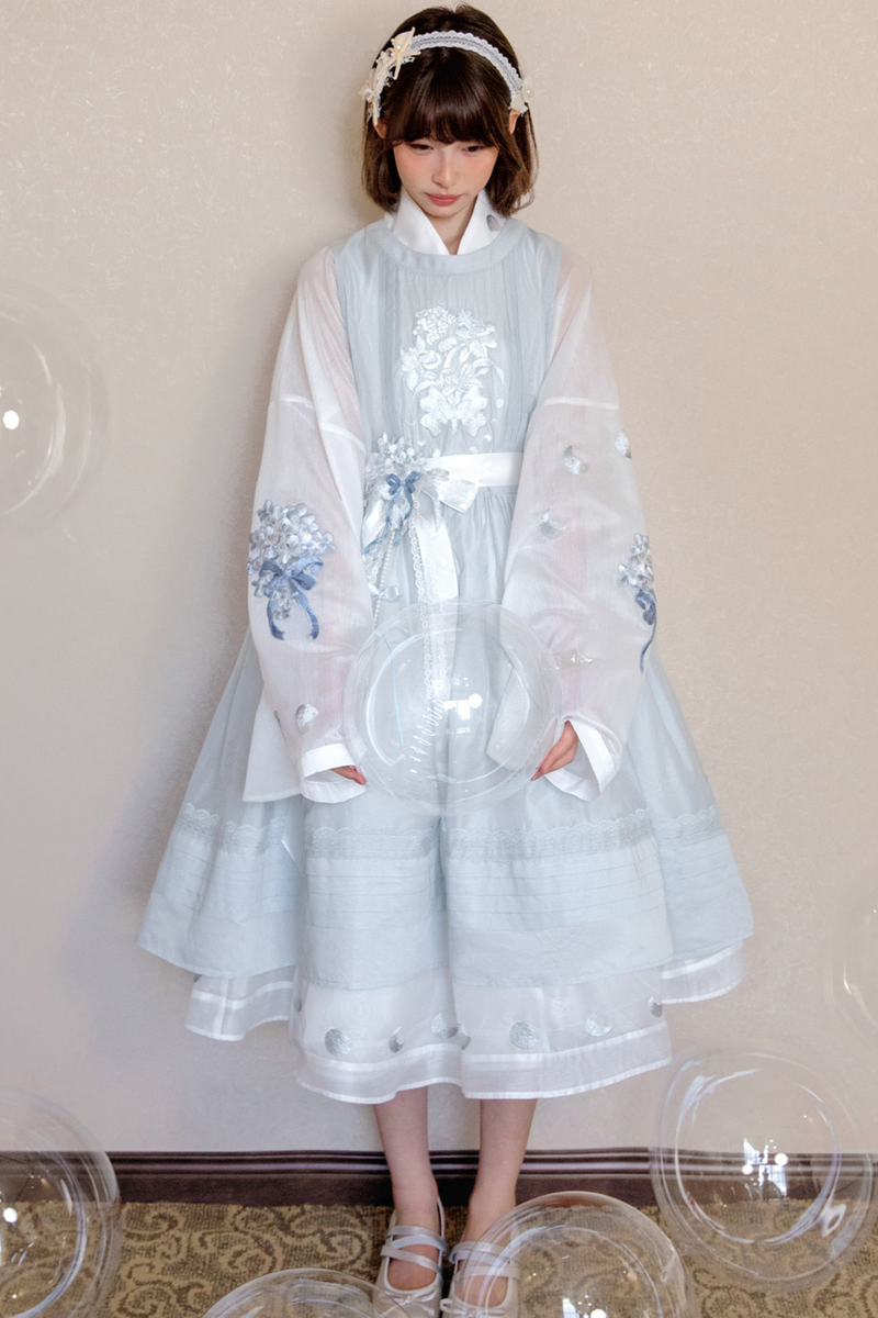 Pure White Chinese Dress + Cover Apron + Belt