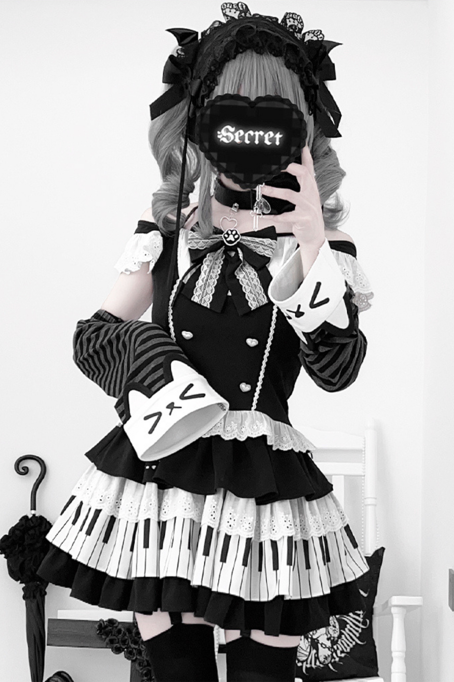 Dark Ruffle Top + Piano Skirt + Cat Sleeve