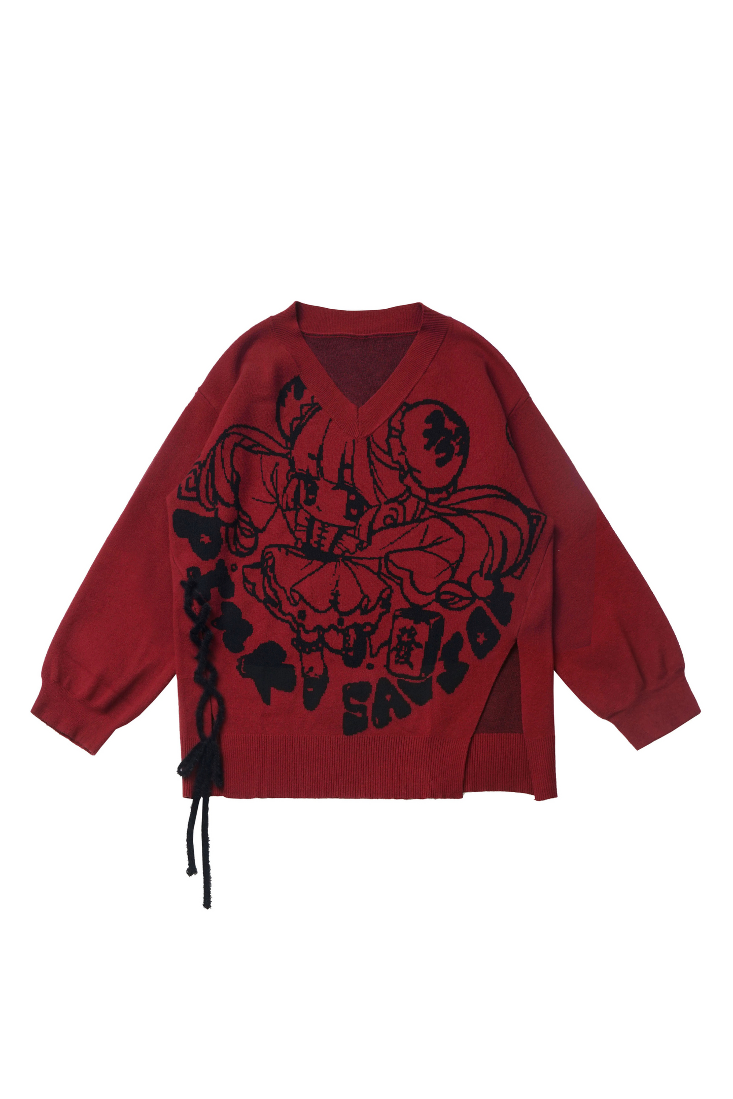 Chinese-style Illustration V Neck Knit Slim Sweater Design Shirt & Skirt Set