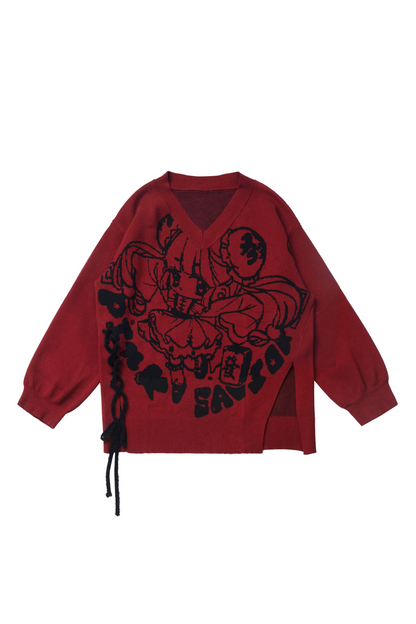 Chinese-style Illustration V Neck Knit Slim Sweater Design Shirt & Skirt Set