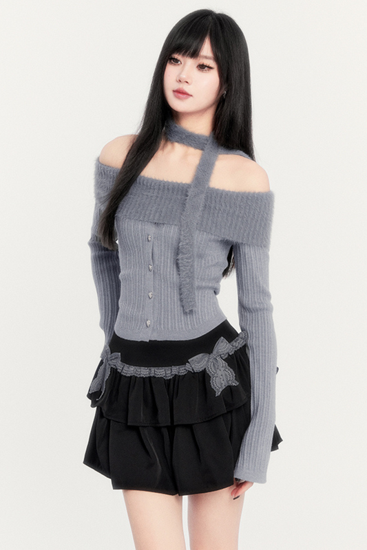Off Shoulder Knit + Ribbon Tiered Skirt