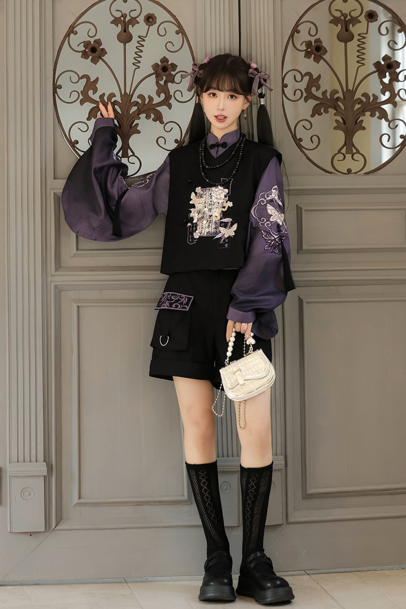 Dark Chinese-style Top + Vest + Shorts + Necklace