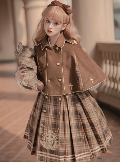 Bow Collar Volume Sleeve Plaid Dress + Cross Plaid Cape Coat