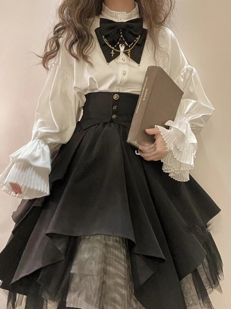 Cross Charm Ribbon Candy Sleeve Blouse + Waist Mark Irregular Hem Skirt