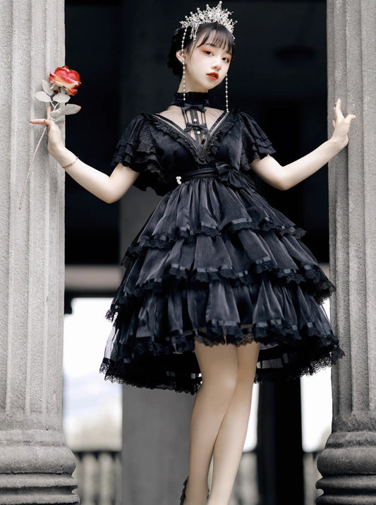 Stand Collar Ruffle Tiered Airy Dress