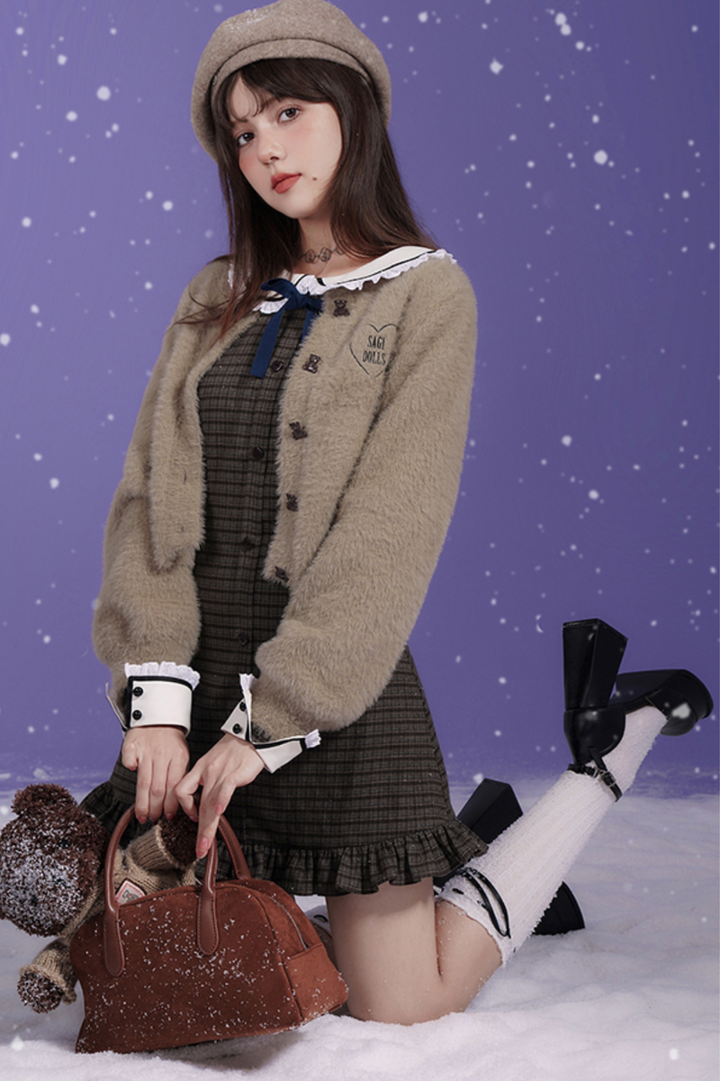 College Style Brown Plaid Doll Collar Dress + Bare Short Sweater