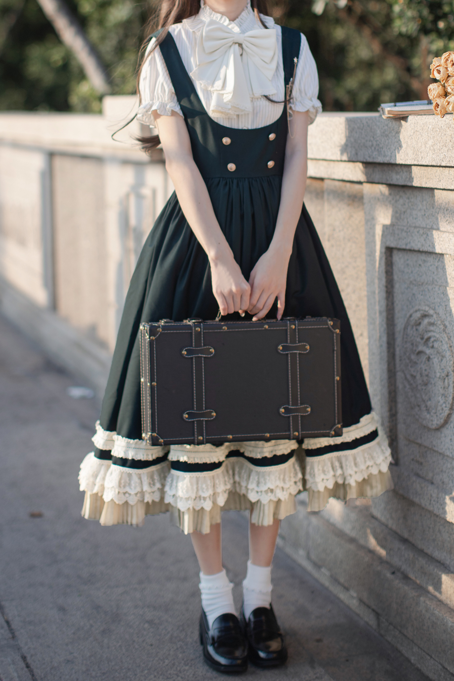 Western-style College Vest Skirt + Puff Sleeve Shirt + Big Ribbon + Brooch