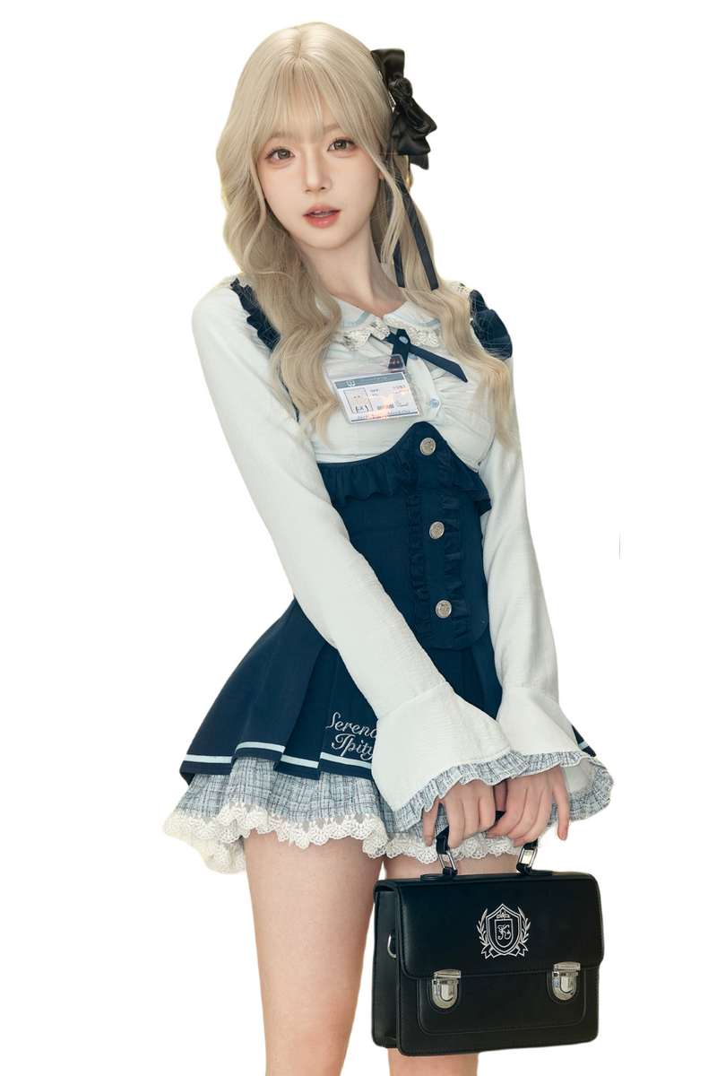 Ice Blue Shirt + Halter Neck Vest + Plaid Skirt
