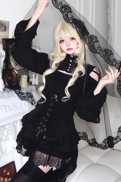 Dark Night Rose Lace Off Shoulder Top + Skirt