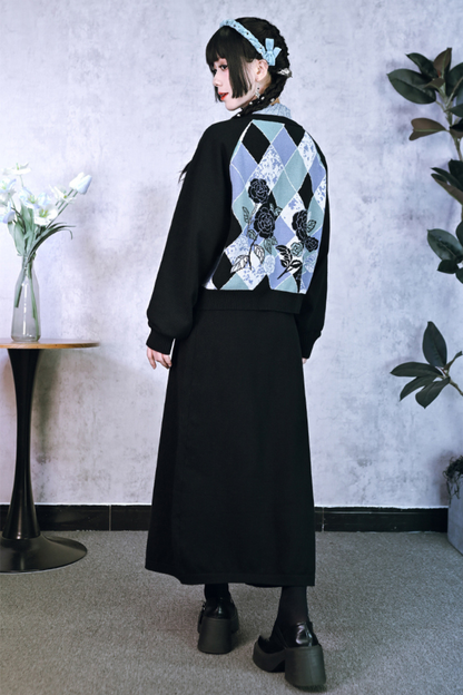 Argyle Cardigan + Asymmetric Skirt