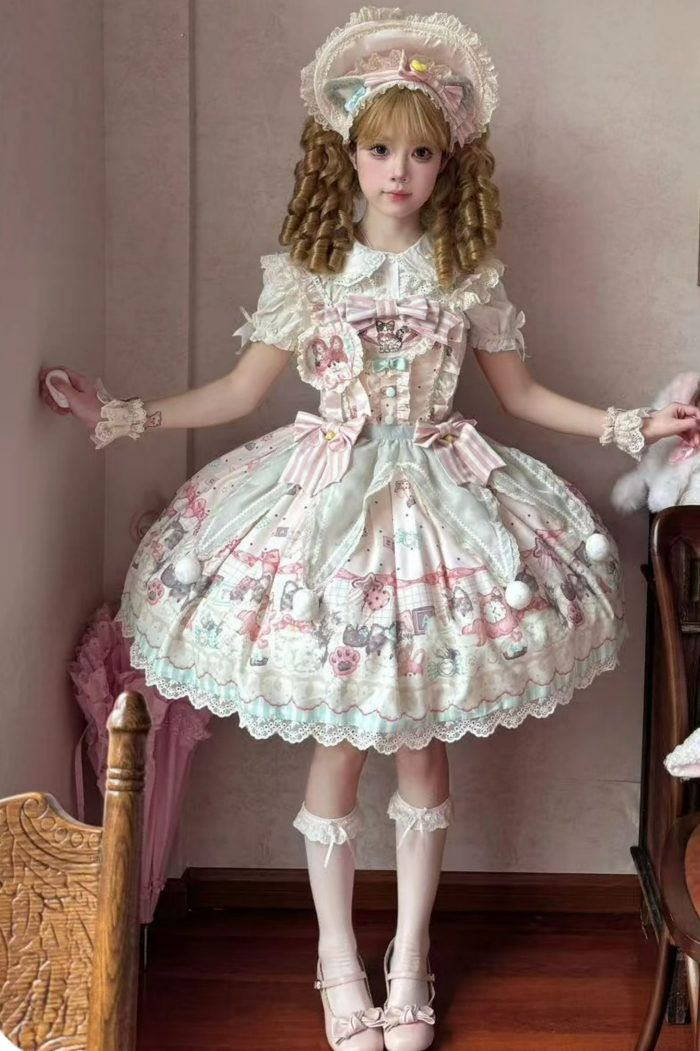 Cabinet Lolita Jumper Skirt + Dress + Brooch + Hairband + Bonnet + Apron + Hand Sleeves