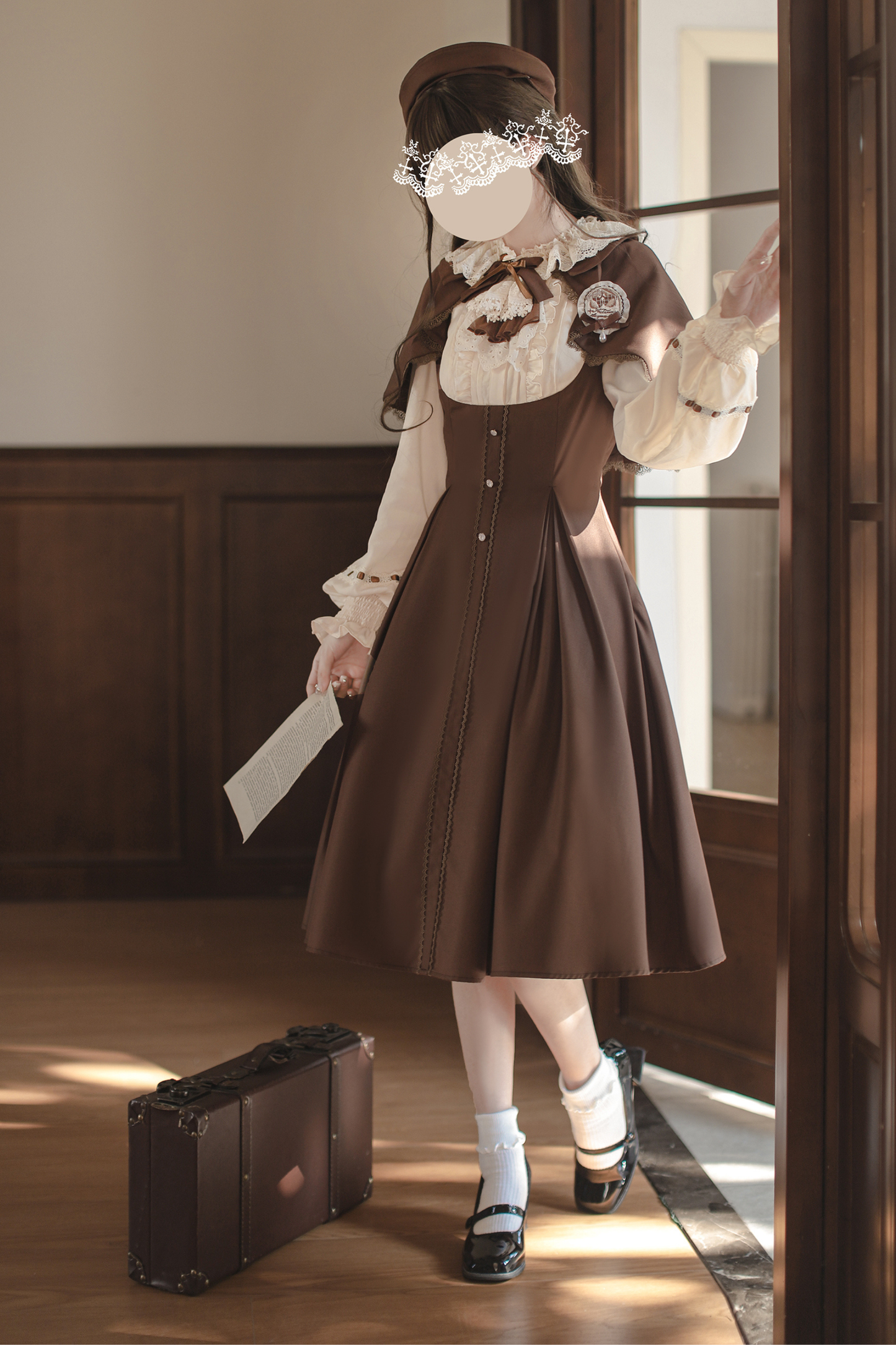 French Brown Lolita Dress + Cape + Beret + Badge