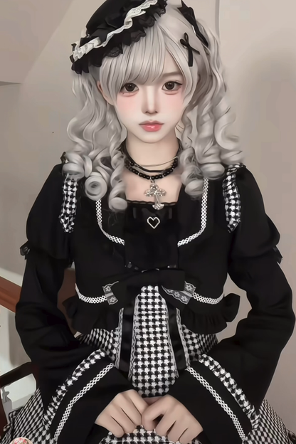 Houndstooth Dark Sweet Lolita Dress With Sleeves