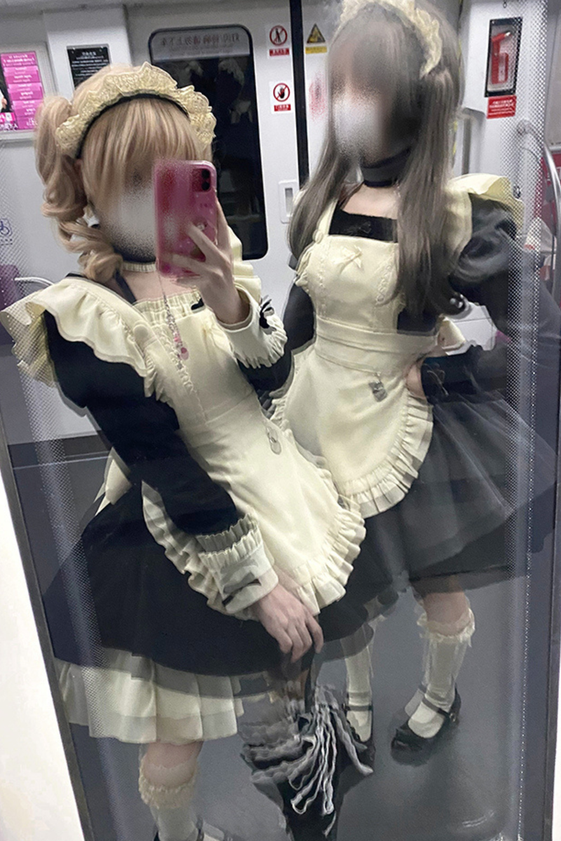 Twin Ruffle Maid Lolita Dress + Apron + Choker + Headband + Bow + Leg Warmers