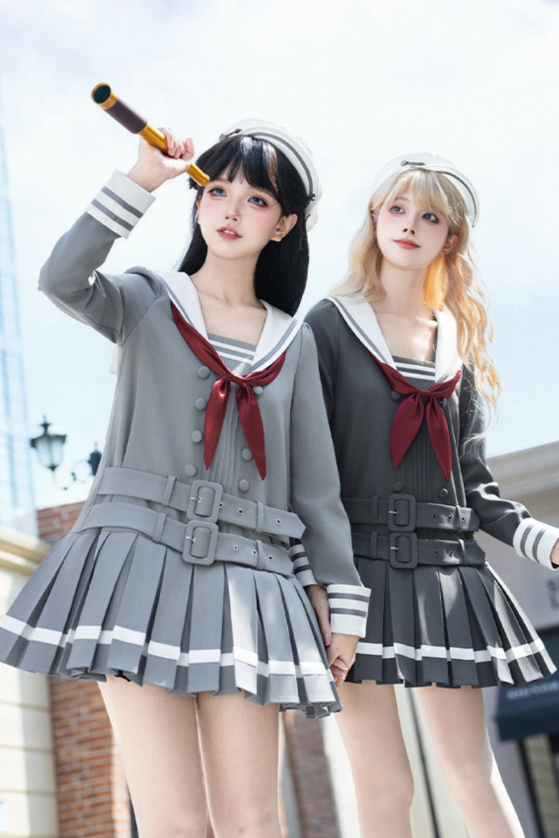 Sailor Collar Pleated College Dress + Ribbon + Hat