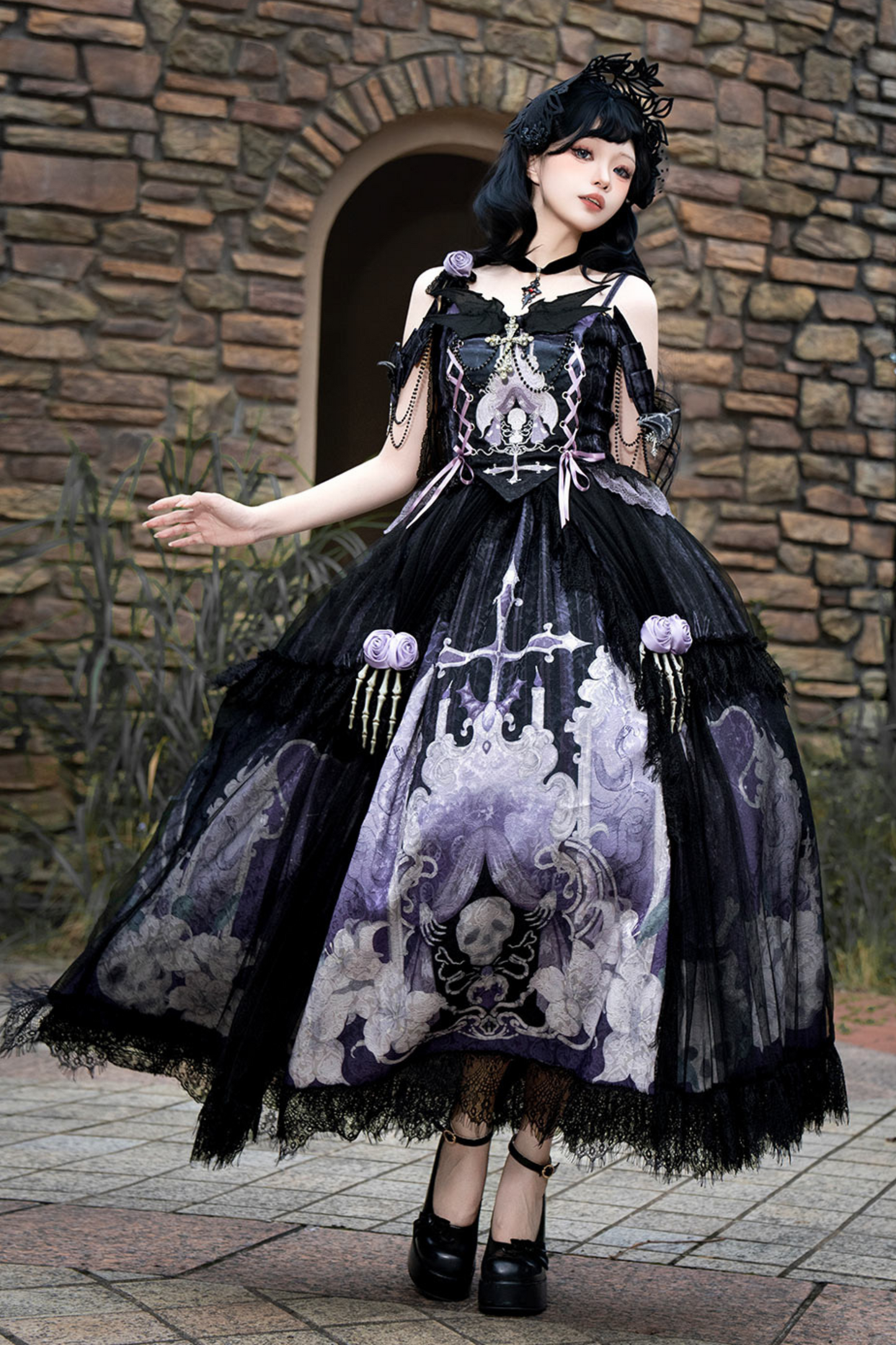 Gothic Style Dark Camisole Top + Dark Skull Skirt