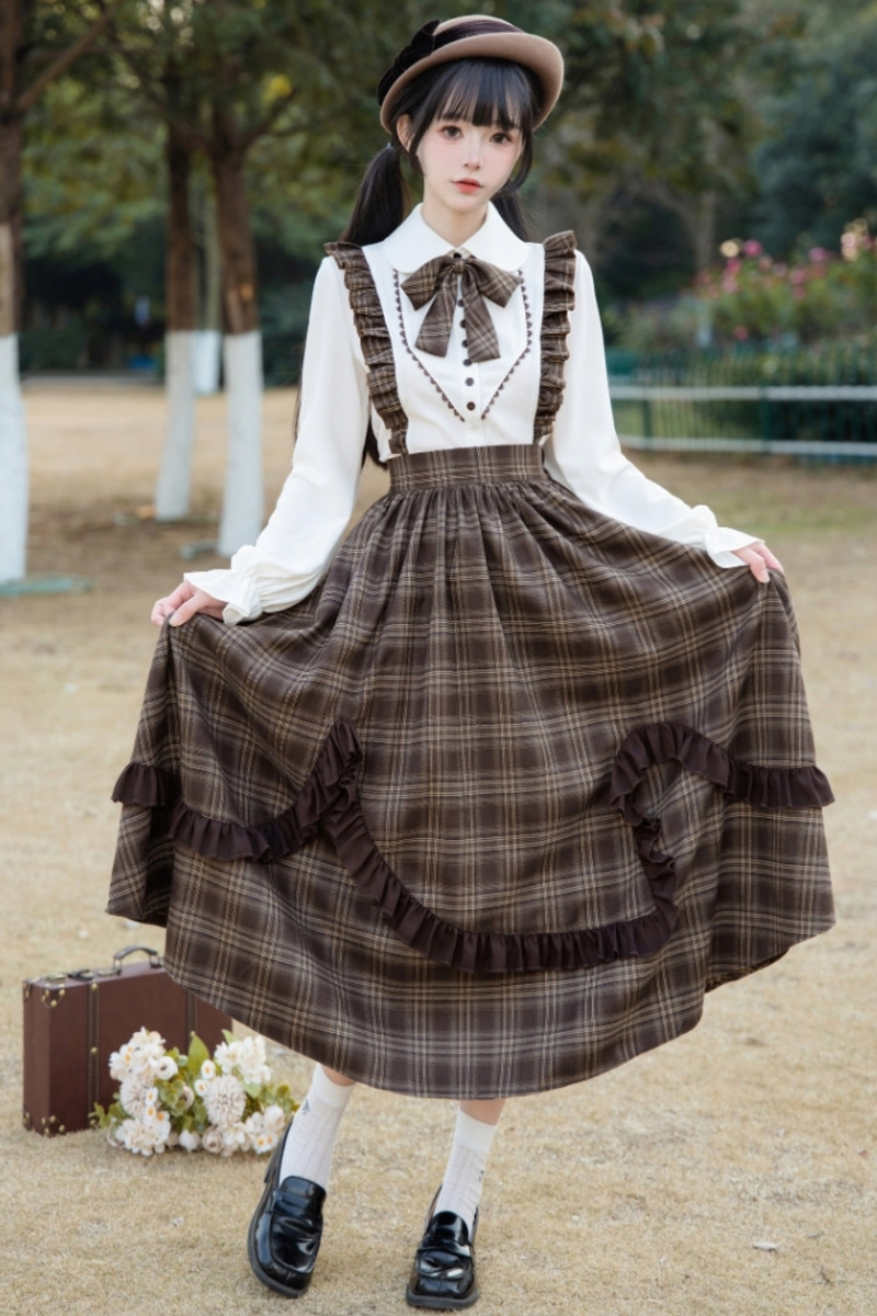 Retro Girly Plaid Skirt + Ruffle Blouse