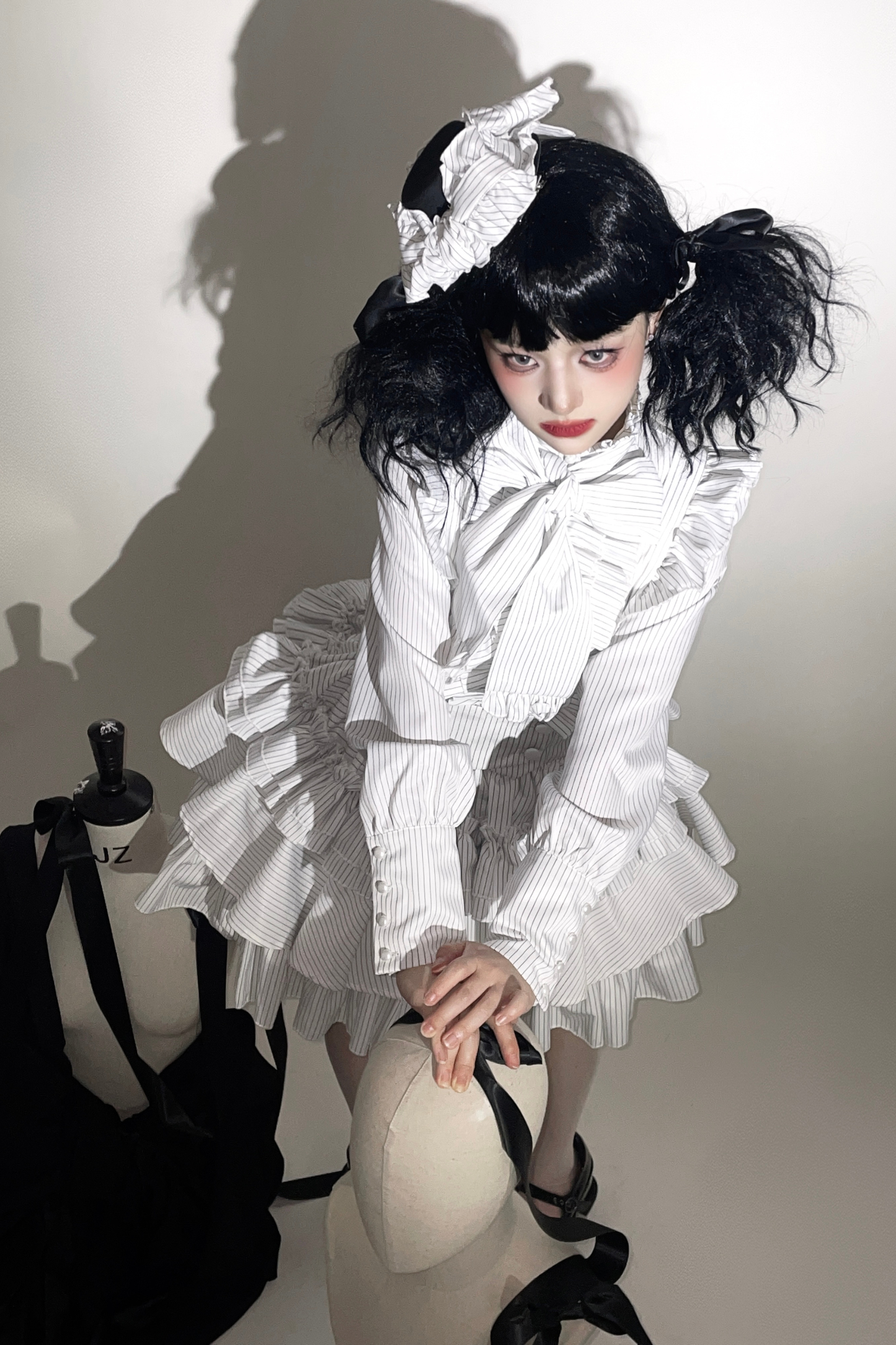Striped Gothic Lolita Shirt + Tiered Skirt