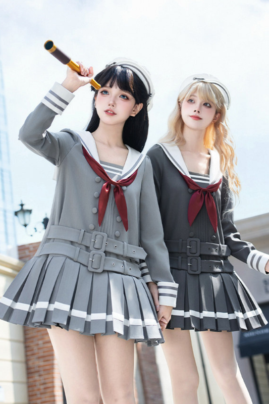 Sailor Collar Pleated College Dress + Ribbon + Hat