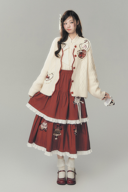 Strawberry Cream Cardigan + Skirt + High Neck Top + Hairpin