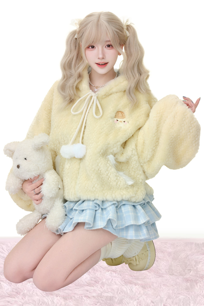 Custard Pudding Yellow Plush Jacket + Blue Plaid Tiered Skirt
