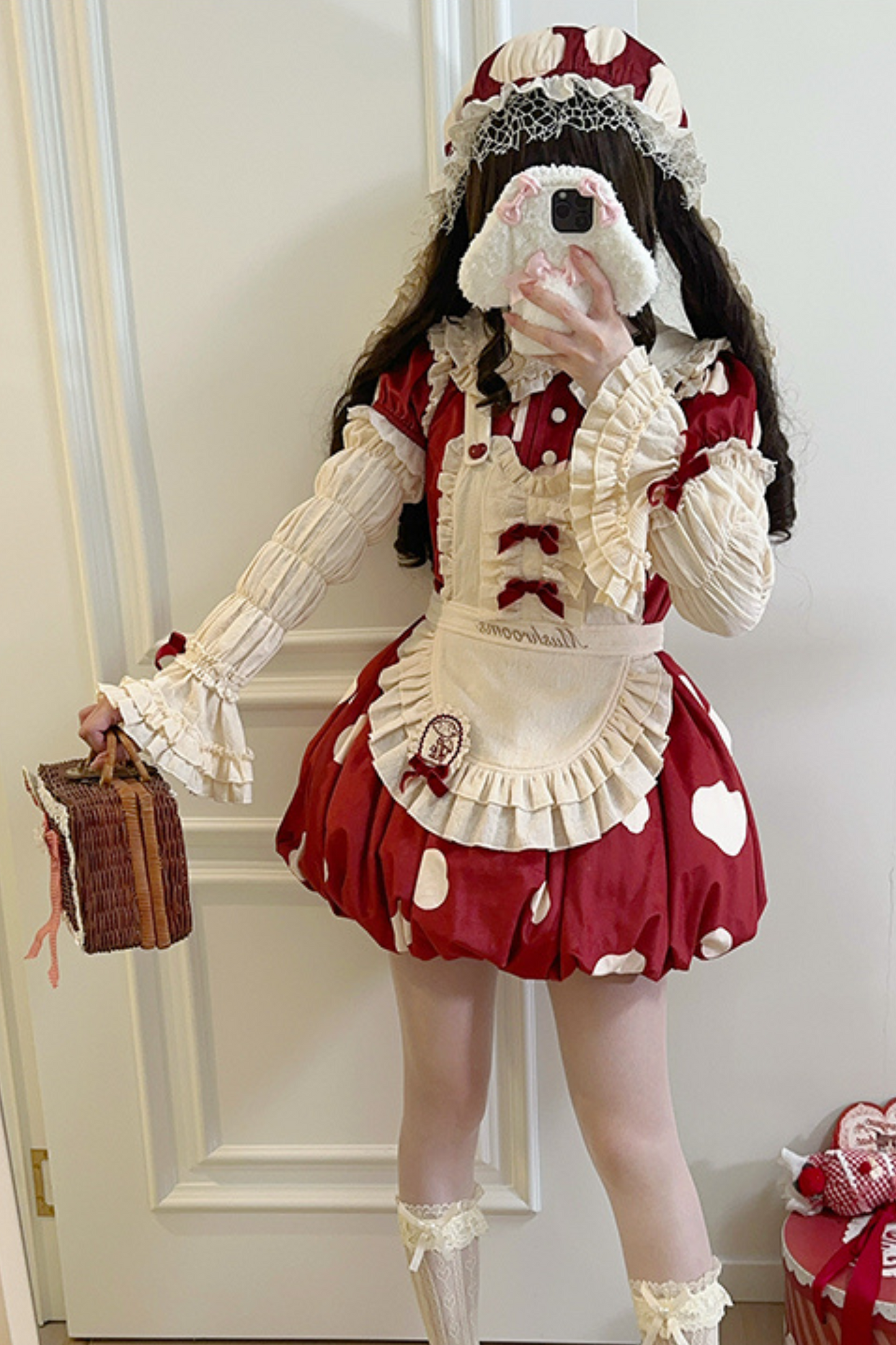 Mushroom Doll Dress + Ribbon Ruffle Apron + Ruffle Sleeves + Bunny Ear Hat