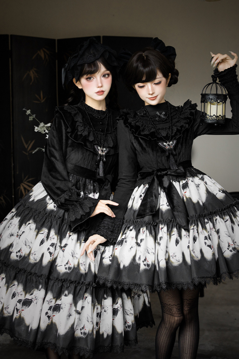 Butterfly Print Swing Lolita Dress + Jumper Skirt + Hairband + Innerwear + Ribbon