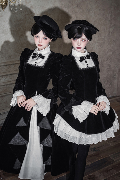 Slim Contrast Color Twin Dress + Collar + Bow + Brooch + Hat