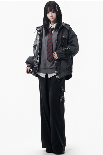 Big Fur Collar Jacket + Top + Skirt + Pants + Plaid Hooded Jacket
