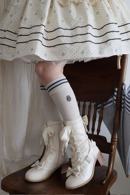 Ribbon Lace Up Mid Calf Boots
