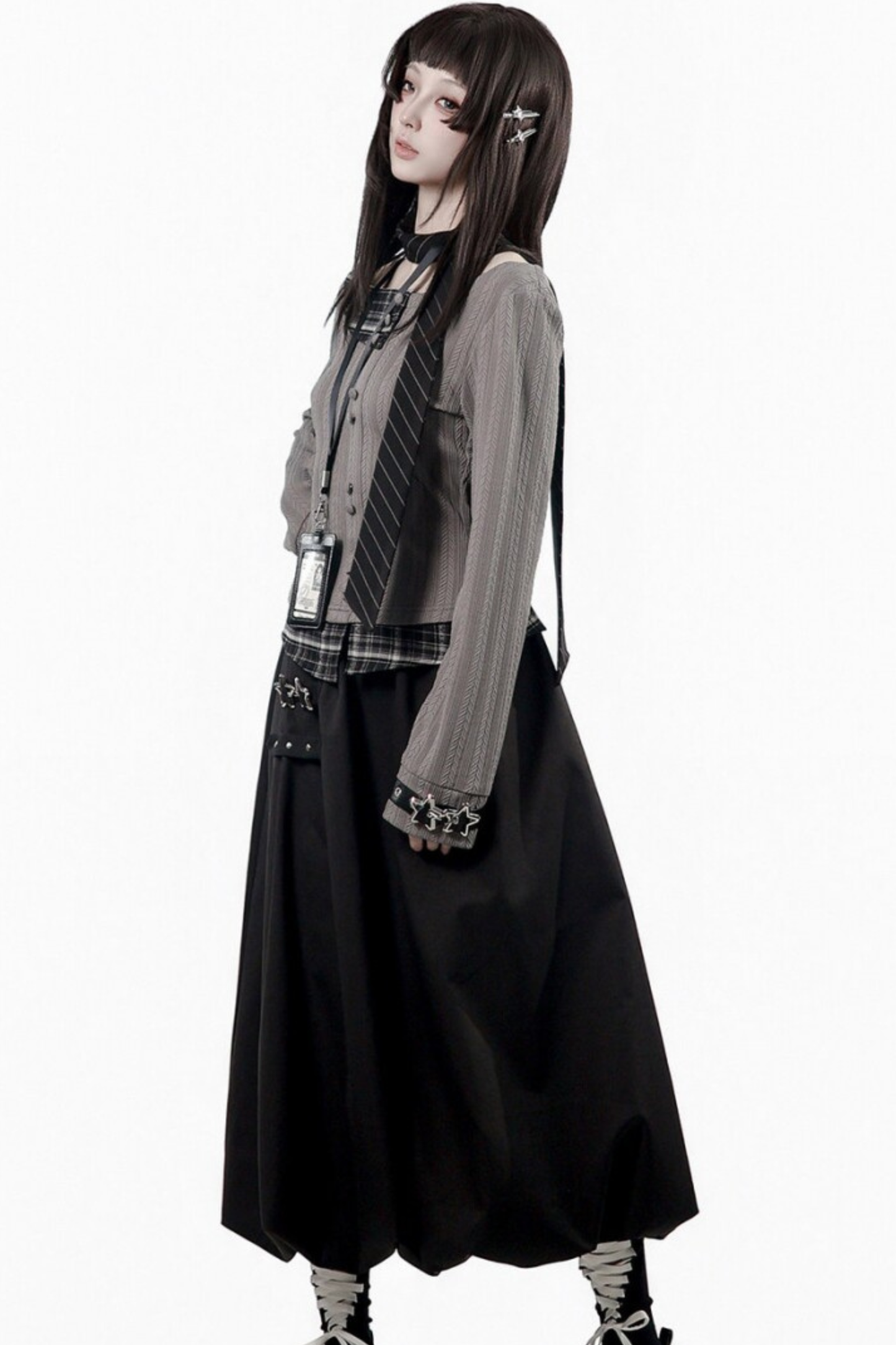 Y2k Dark Top + Flare Skirt + Scarf