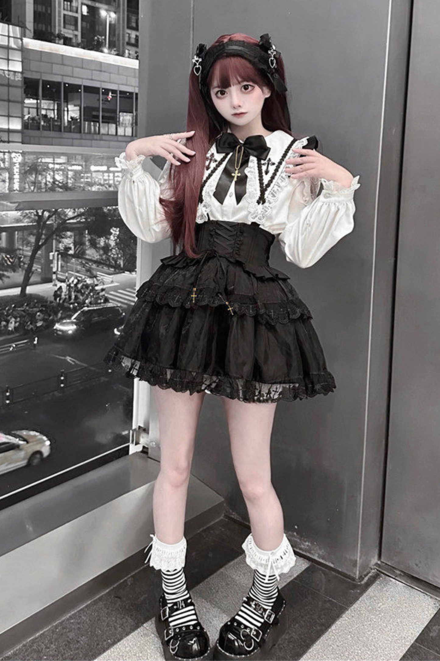 Holy Cross Flutter Sleeve Suspender Skirt + Shirt