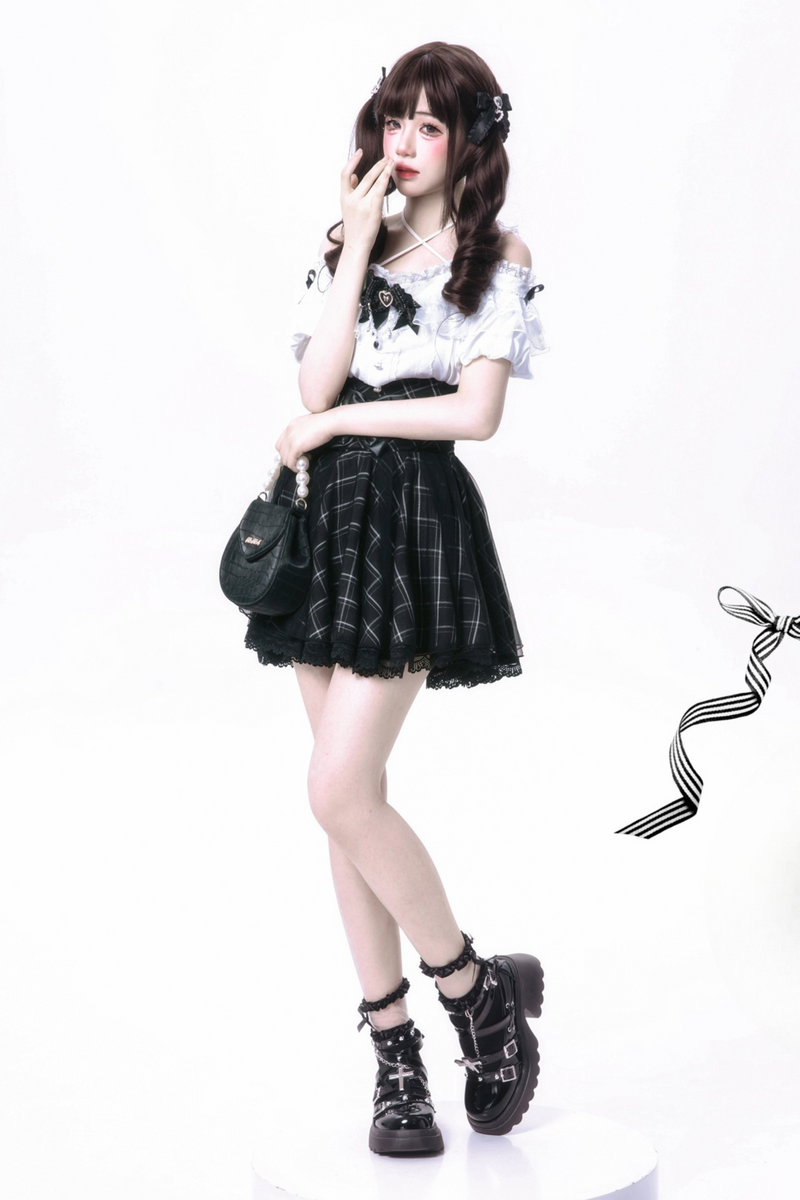 [pre-order] Sweet Dark Kawaii Ribbon Blouse + High Waist Skirt + Large Ribbon