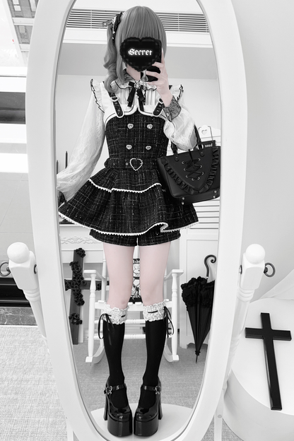 Plaid Design Suspender Skirt + Pants