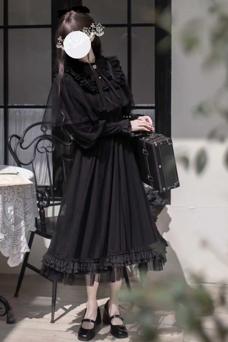 Dark Black Dot Gauze Shawl Dress
