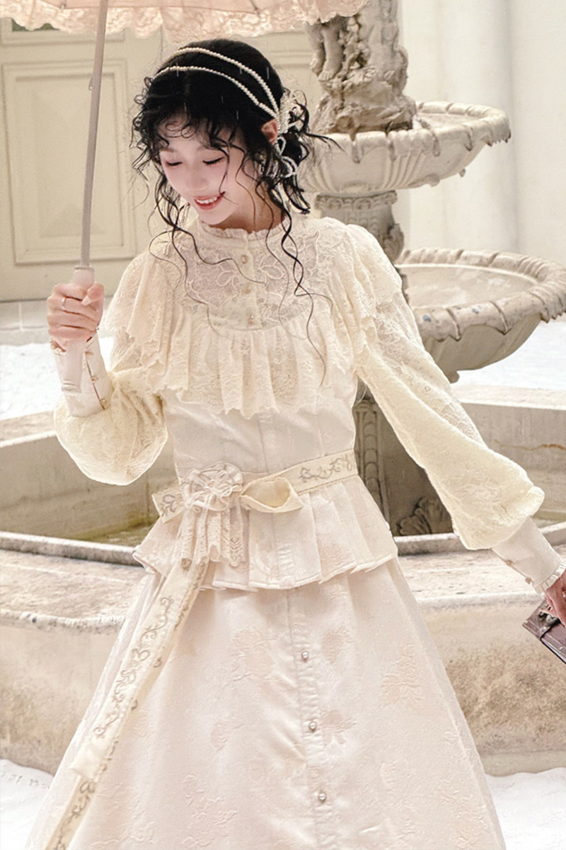 Lace Patchwork Top + Long Skirt + Belt