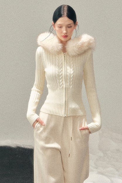 Fur Hood Knit Sweater Zip Top