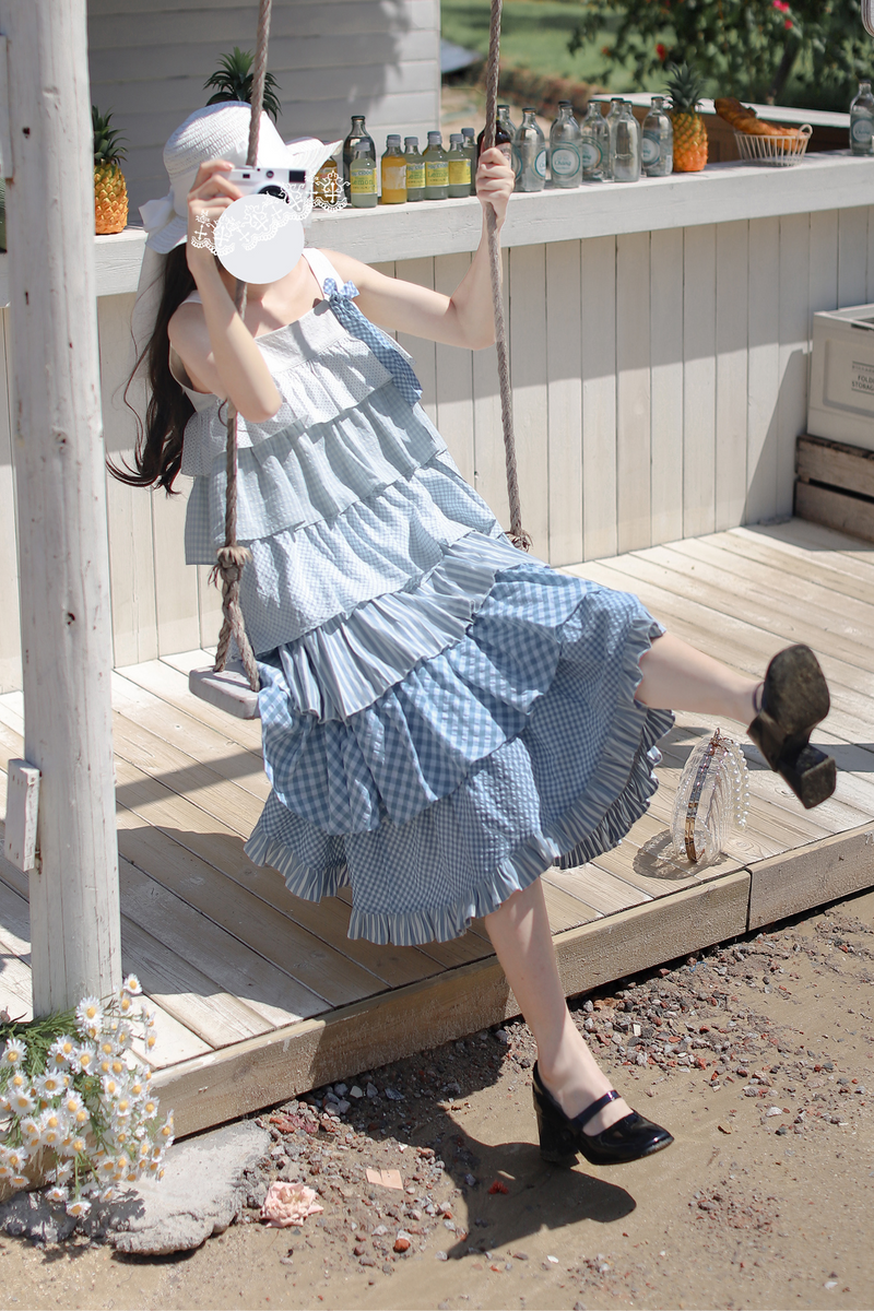 Sky Sweet Tiered Sleeveless Dress + Ribbon Brooch
